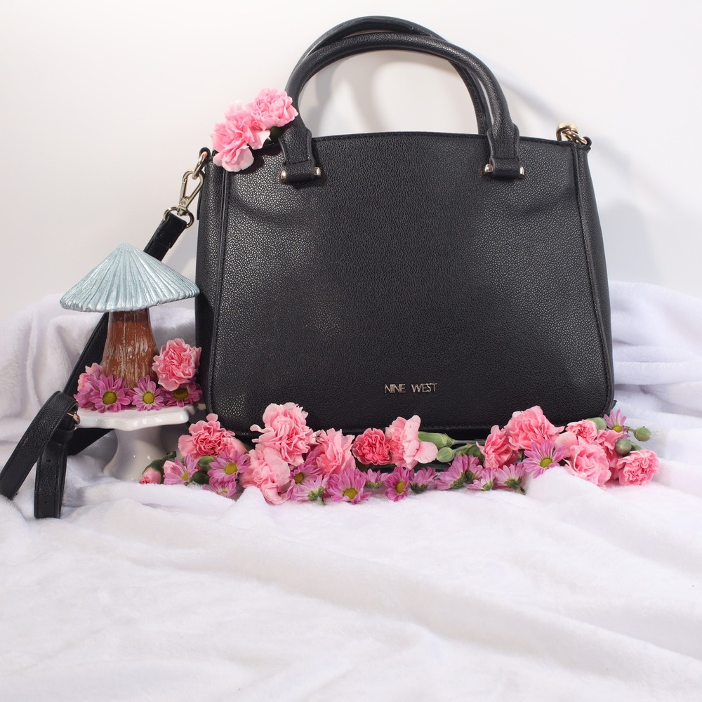 Nine West Black Pebbled Satchel Crossbody Bag Gold Hardware